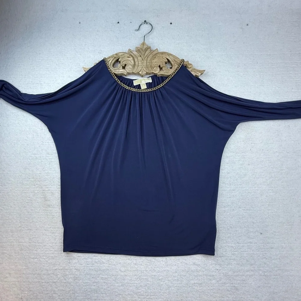 Michael Kors Navy Blue Chain Neck Dolman Sleeve‎ Top Womens M cold shoulder